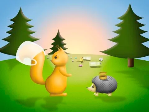 Forest animals suffer from garbage. Stock Illustration