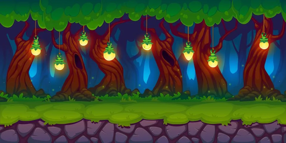 Forest arcade game background, night landscape Stock Illustration