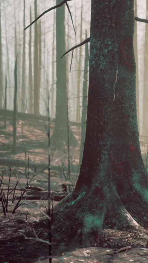 Forest area after wildfire with charred trees and fog in the background Stock Footage 340898849
