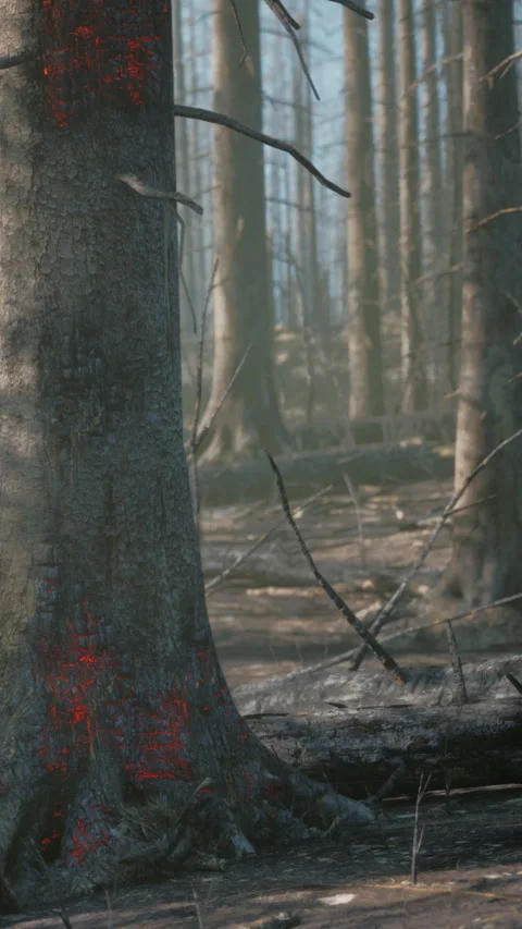 Forest area with trees and fallen branches after a fire event Stock Footage 340894038