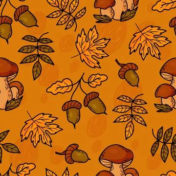 Forest autumn seamless pattern. Ceps mushrooms and acorns with autumn leave.. Stock Illustration