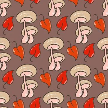 Forest autumn seamless pattern with mushrooms and leaves Stock Illustration