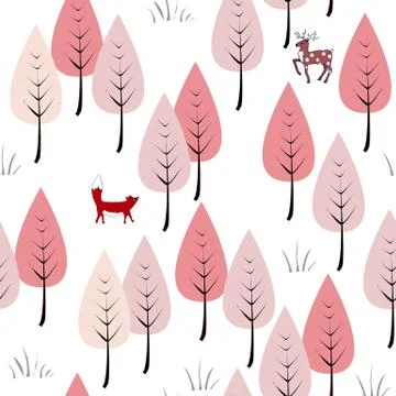 Forest background with animals and trees. Seamless pattern. Stock Illustration