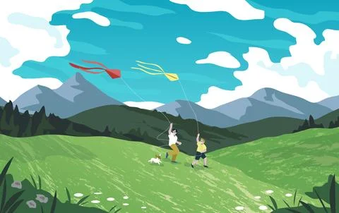 Forest background. Children fly kite into sky. Flying toy. Kids play game Stock Illustration