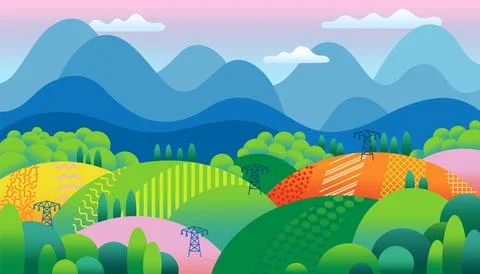 Forest background. Farm field. Trees on hills. Flowers meadow. Country park Stock Illustration