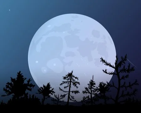 The forest on the background of the moon. Dark blue night sky. Ilustração Stock
