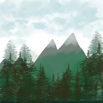 Forest background, mountain landscape. tree firs with blue sky. Watercolor Pa Ilustração Stock