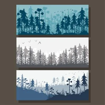 Forest background with trees, deer, birds, grass vector illustration. Stock Illustration