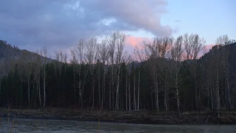 Forest on the bank of the river against the backdrop of mountains and sky with f Video stock 89200706