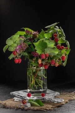 Forest berries with leaves on rustic  background Stock Photos