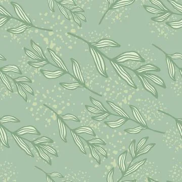 Forest branch with leaves seamless pattern on green splash background. Linear Illustrazione stock
