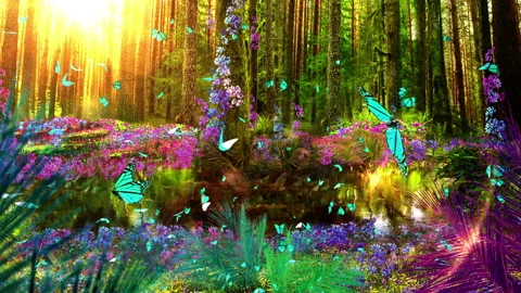 Forest with bright sun rays and flying butterfly. Vidéo 87641309