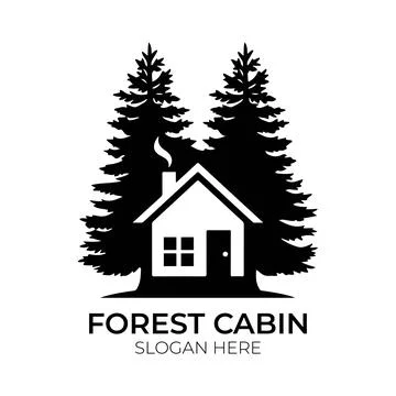 Forest Cabin Logo Design with Pine Trees and Wooden Cottage Stock Illustration