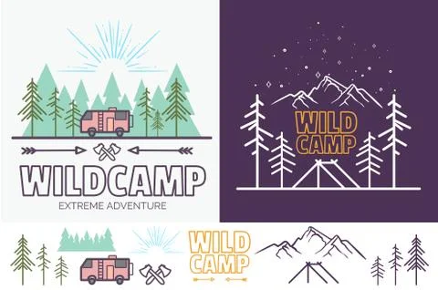Forest camp linear vector illustration with tent, mountains, trees, cloud, sun Stock Illustration