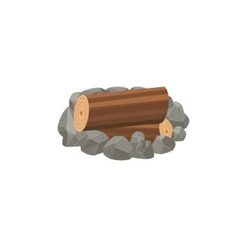 Forest camp stoned fireplace with tree trunks cartoon vector illustration Stock Illustration