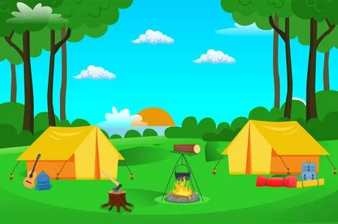Forest Camping with Campfire Illustrazione stock