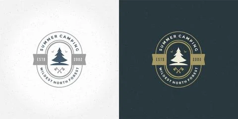 Forest camping logo emblem summer vacation vector illustration pine tree si.. Stock Illustration