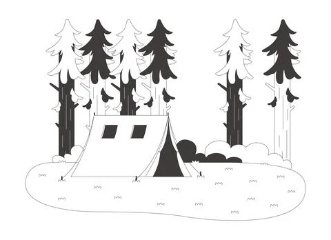 Forest camping tent flat line illustration Stock Illustration