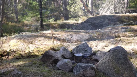 Forest Campsite With Stone Fire Ring and Metal Pot 库存影片 333581048