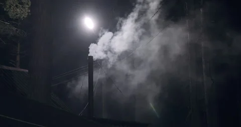 Forest Chimney Smoke at Night Backlit Stock Footage 147122840
