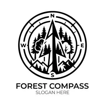 Forest Compass Logo Design with Pine Trees and Navigational Ring Stockillustratie