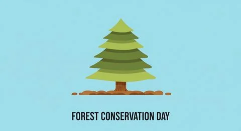 Forest conservation day, stylized evergreen tree illustration on a light bl.. Stock Illustration