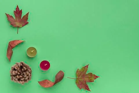 Forest cosy flat lay composition. Frame from bump, bark, candles, leaves on Stock Photos