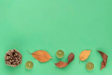Forest cosy flat lay composition. Frame from bump, bark, candles, leaves on Stock Photos