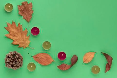 Forest cosy flat lay composition. Frame from bump, bark, candles, leaves on Stock-Fotos