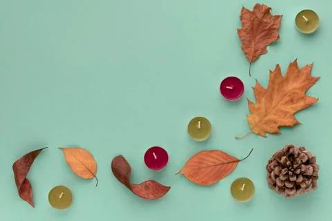 Forest cosy flat lay composition. Frame from bump, bark, candles, leaves on p Stock Photos