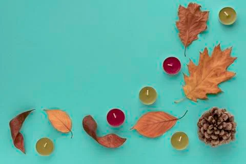 Forest cosy flat lay composition. Frame from bump, bark, candles, leaves on mint Stock Photos