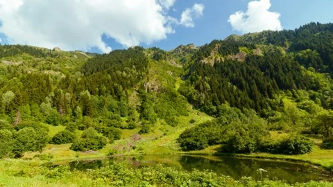 Forest covered mountain and a small lake with moving clouds. Stock Footage 286425950