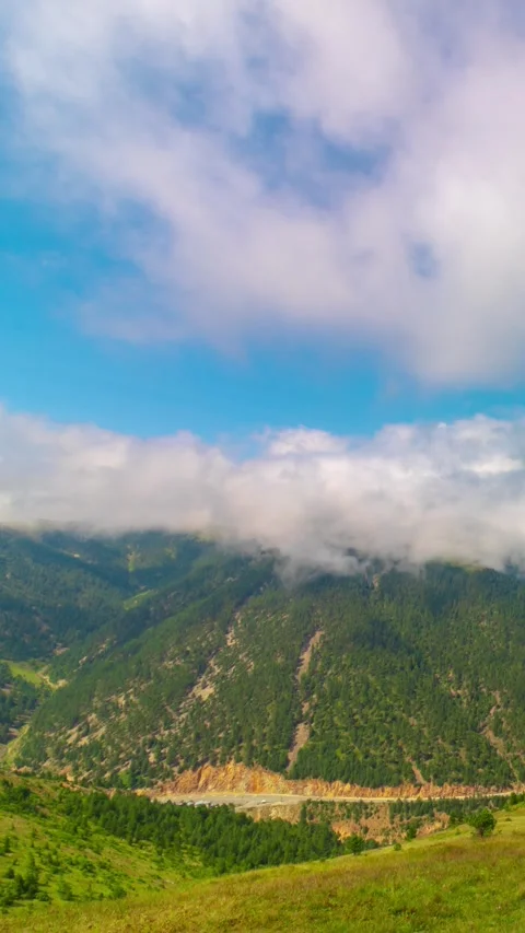 Forest covered mountains and rolling clouds over the peaks. Nature timelapse Stock Footage 289071439