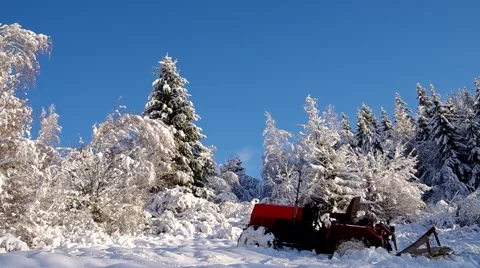 Forest covered with snow and tractor Stock Footage 46623074