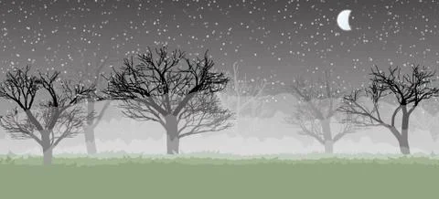 Forest in the dark mist, trees silhouettes Stock Illustration