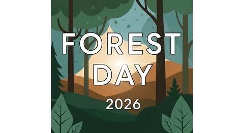 Forest day 2026 text against stylized woodland scene with sun rays peeking .. 库存插图