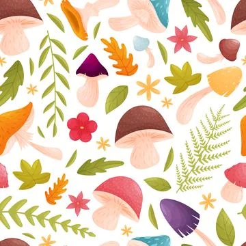 Forest Decor Seamless Pattern Design with Mushroom and Leaf Vector Template Stock Illustration