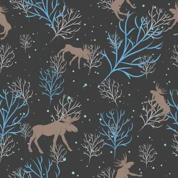 Forest deer and snow tree seamless pattern. Vector background Illustrazione stock