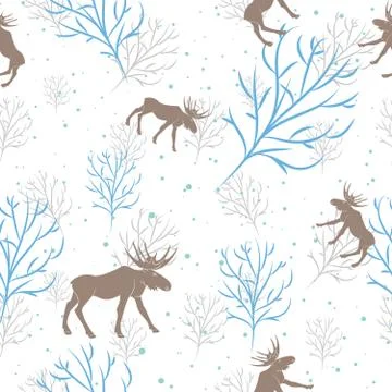 Forest deer and tree branch seamless pattern. Vector background Stock Illustration