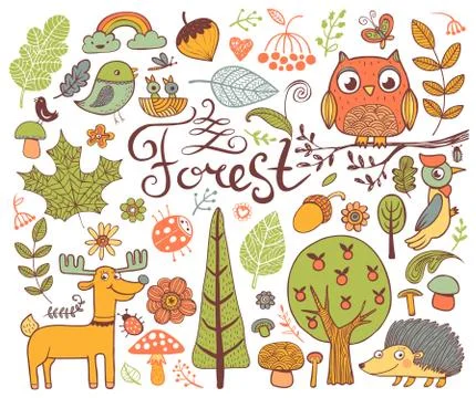 Forest design elements in doodle style Stock Illustration
