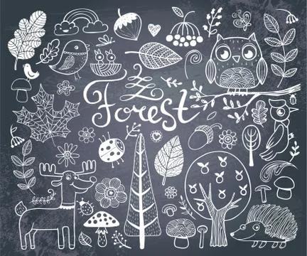 Forest design elements in doodle style Stock Illustration