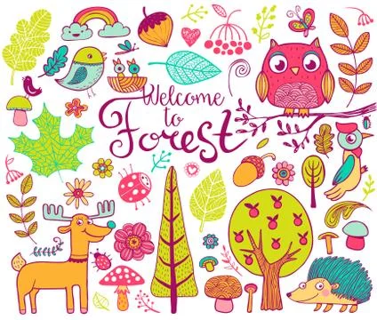 Forest design elements in doodle style Stock Illustration