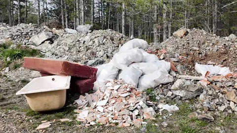 Forest Dump Site, Construction Debris Polluting Nature Stock Footage 288832440