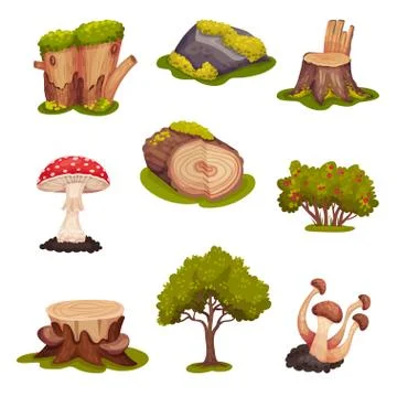 Forest Elements with Mossy Stump, Mushrooms and Trees Vector Set Stock Illustration