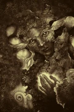 Forest elven being with abstract structures, monochromatic artwork Stock Illustration