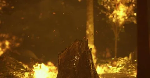 Forest engulfed in flames during wildfire event at dusk Stock Illustration