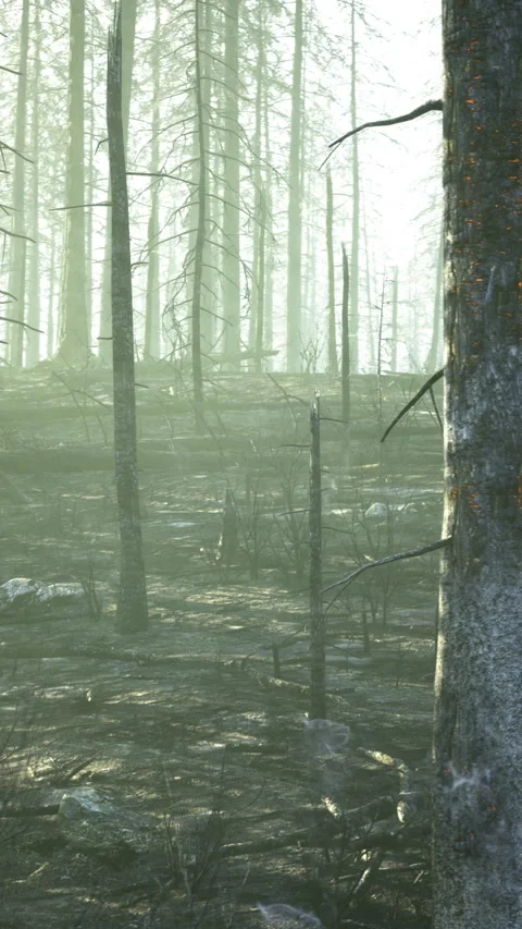 Forest engulfed by wildfire illuminating the haze of a charred landscape Stock Footage 318837641