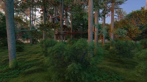 Forest fantasy rustic treehouse complex wild sunset fairy tale - seamless loop Stock Footage 100796105