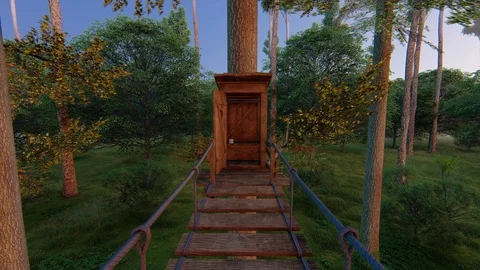 Forest fantasy rustic treehouse complex wild sunset fairy tale - seamless loop Stock Footage 100796350