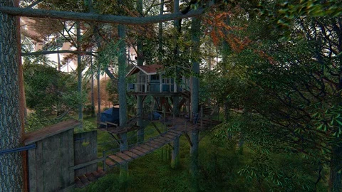 Forest fantasy rustic treehouse complex wild sunset fairy tale - seamless loop Stock Footage 100796789